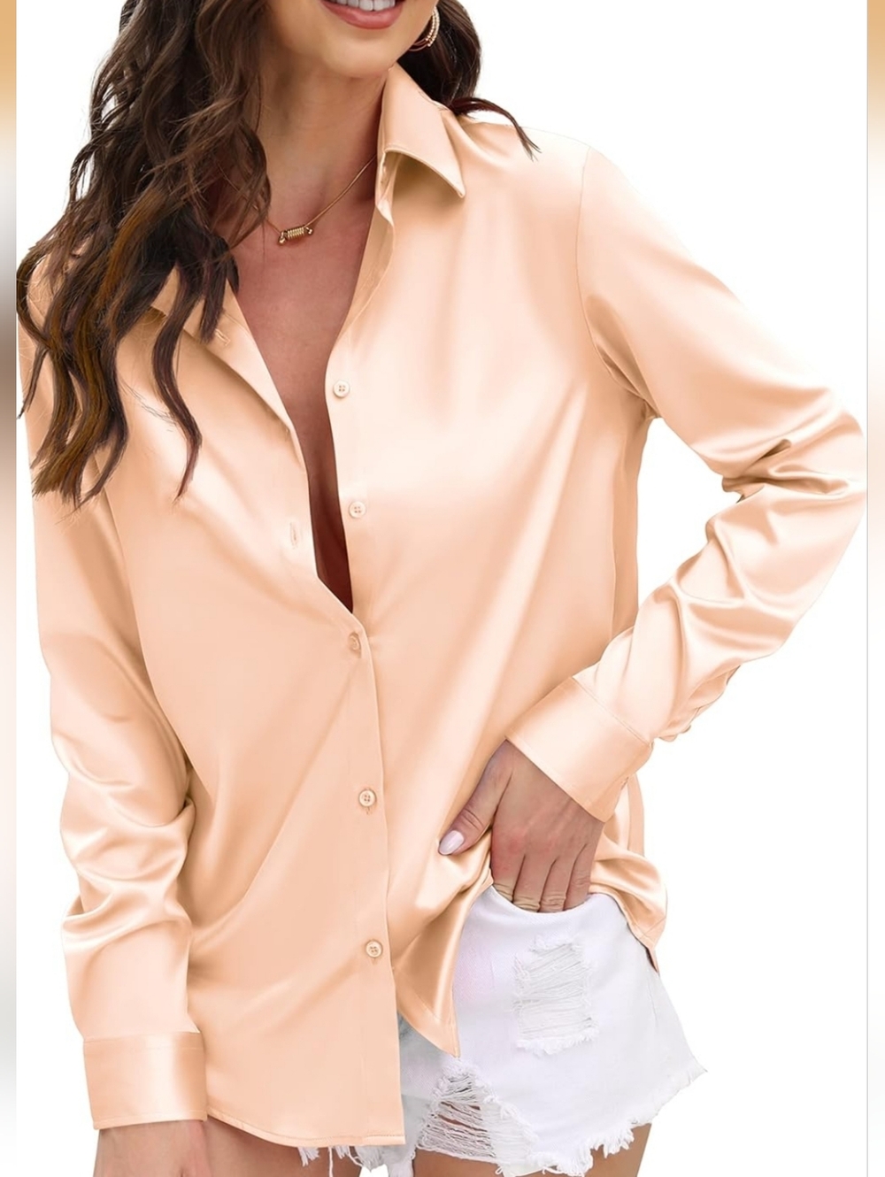 Women's Champagne Button-Up Satin Shirt